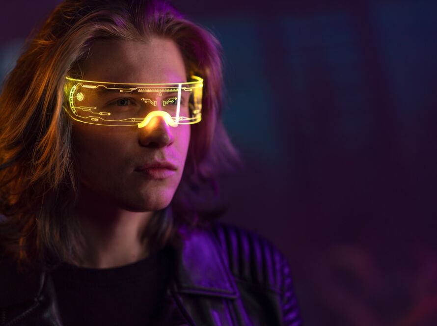 Metaverse digital cyber world technology, man with virtual reality VR goggles, futuristic lifestyle