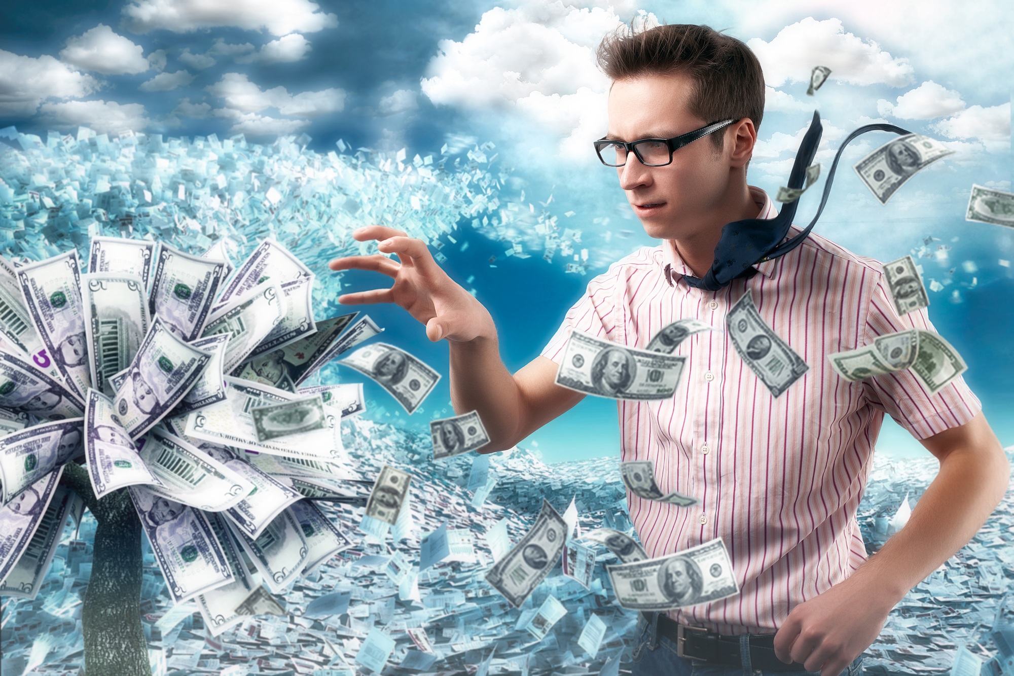 Money tree and worker, conceptual collage